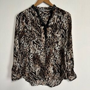 NY Collection Women’s‎ PS Animal Print Sheer Popover Blouse Roll Tab Sleeve